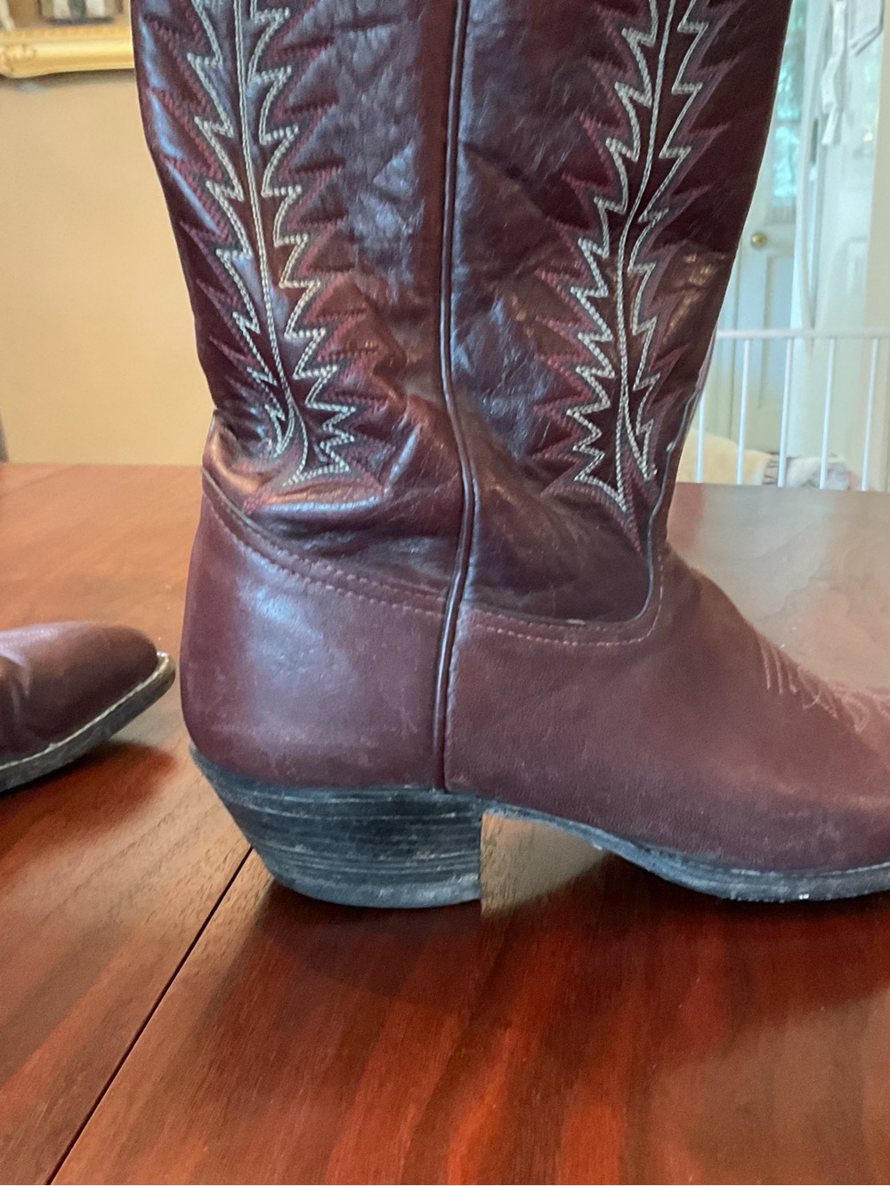 Tony Lama Burgundy Leather Western Boots with Decorative Stitching - Picture 5 of 11